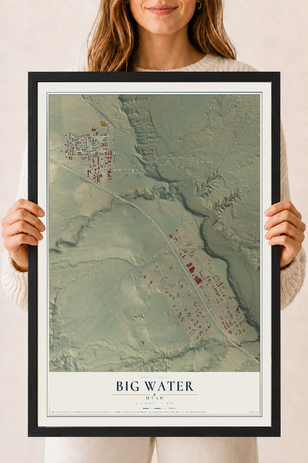 Map of Big Water, Utah, 18 x 24 inch print in a black wood frame