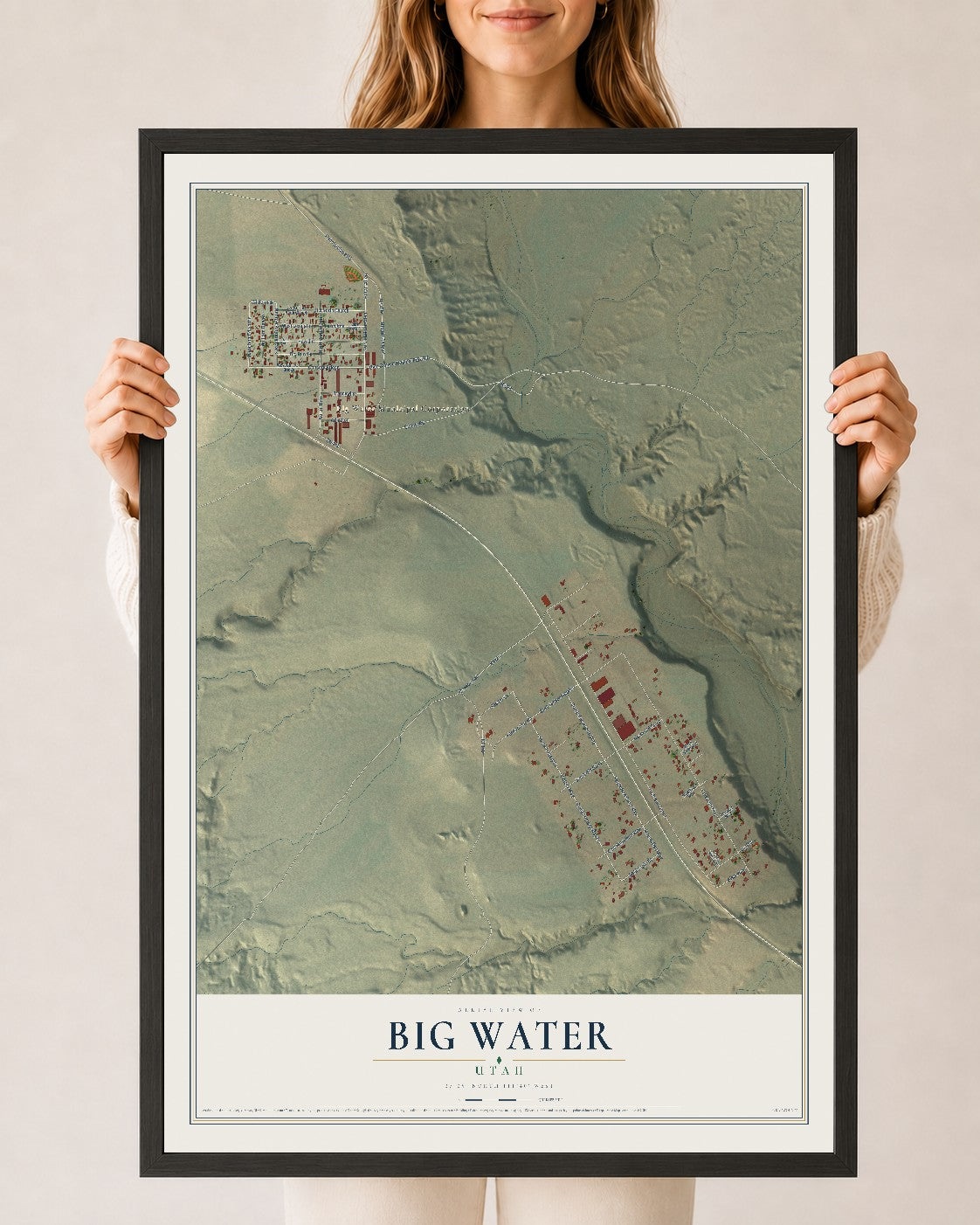 Map of Big Water, Utah, 24 x 36 inch print in a black wood frame