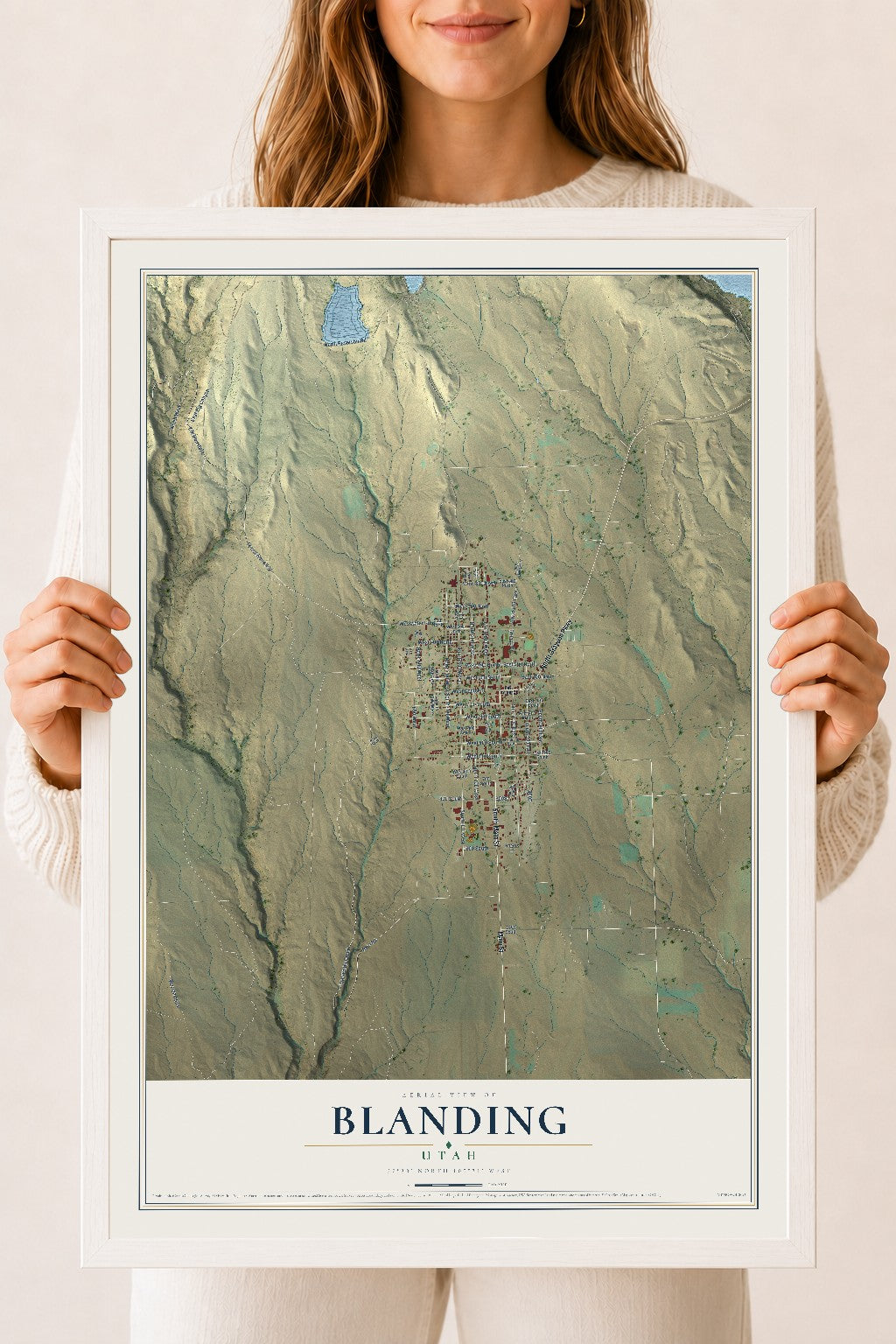 Map of Blanding, Utah, 18 x 24 inch print in a white wood frame