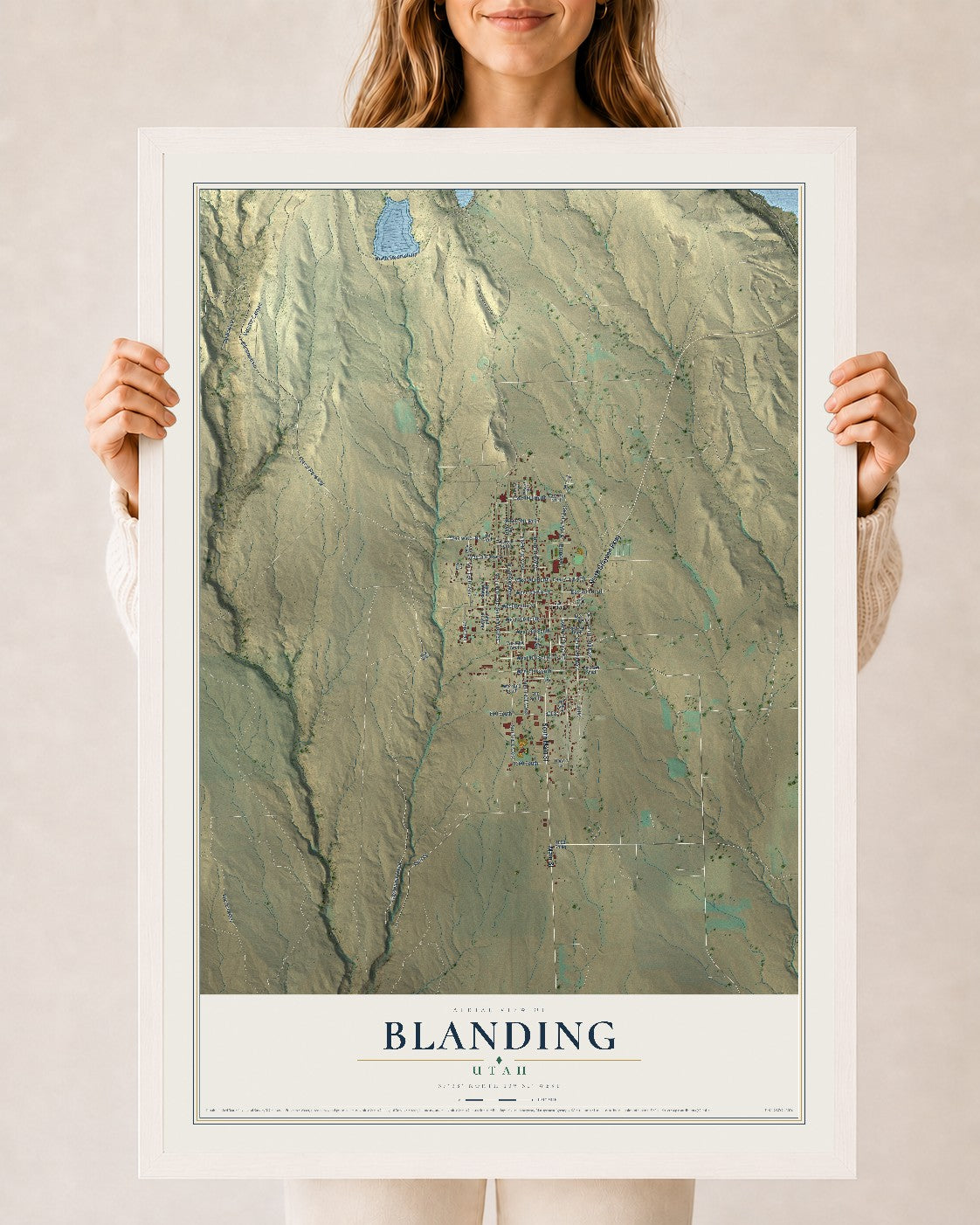 Map of Blanding, Utah, 24 x 36 inch print in a white wood frame
