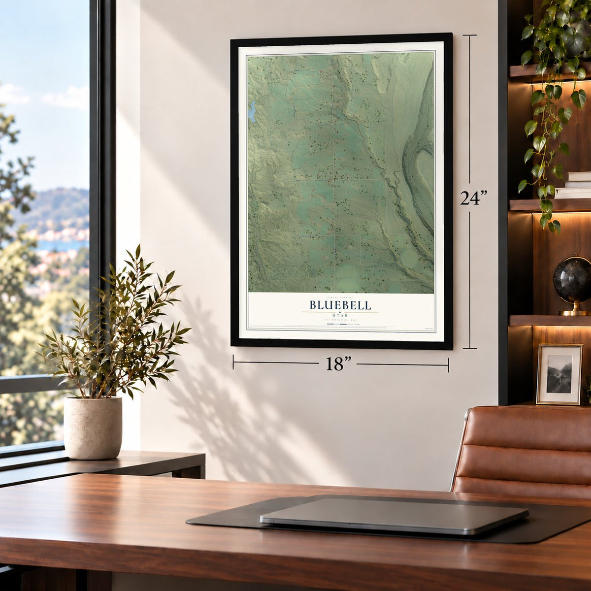 Bluebell, Utah map, 18 x 24 inch print in a black frame in a home office