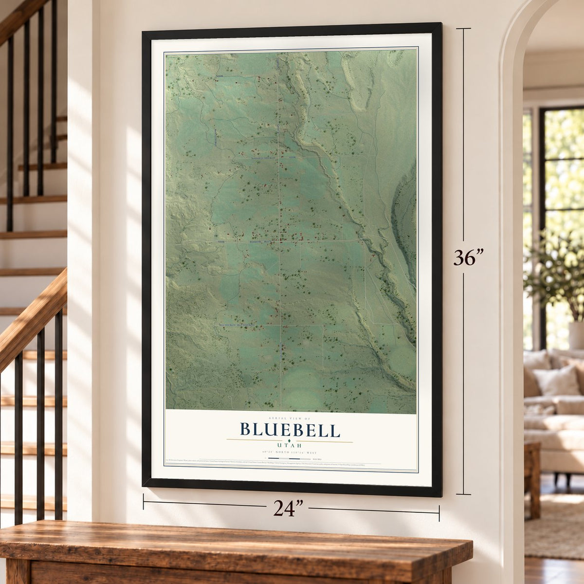 Bluebell, Utah map, 24 x 36 inch print in a black frame by a staircase