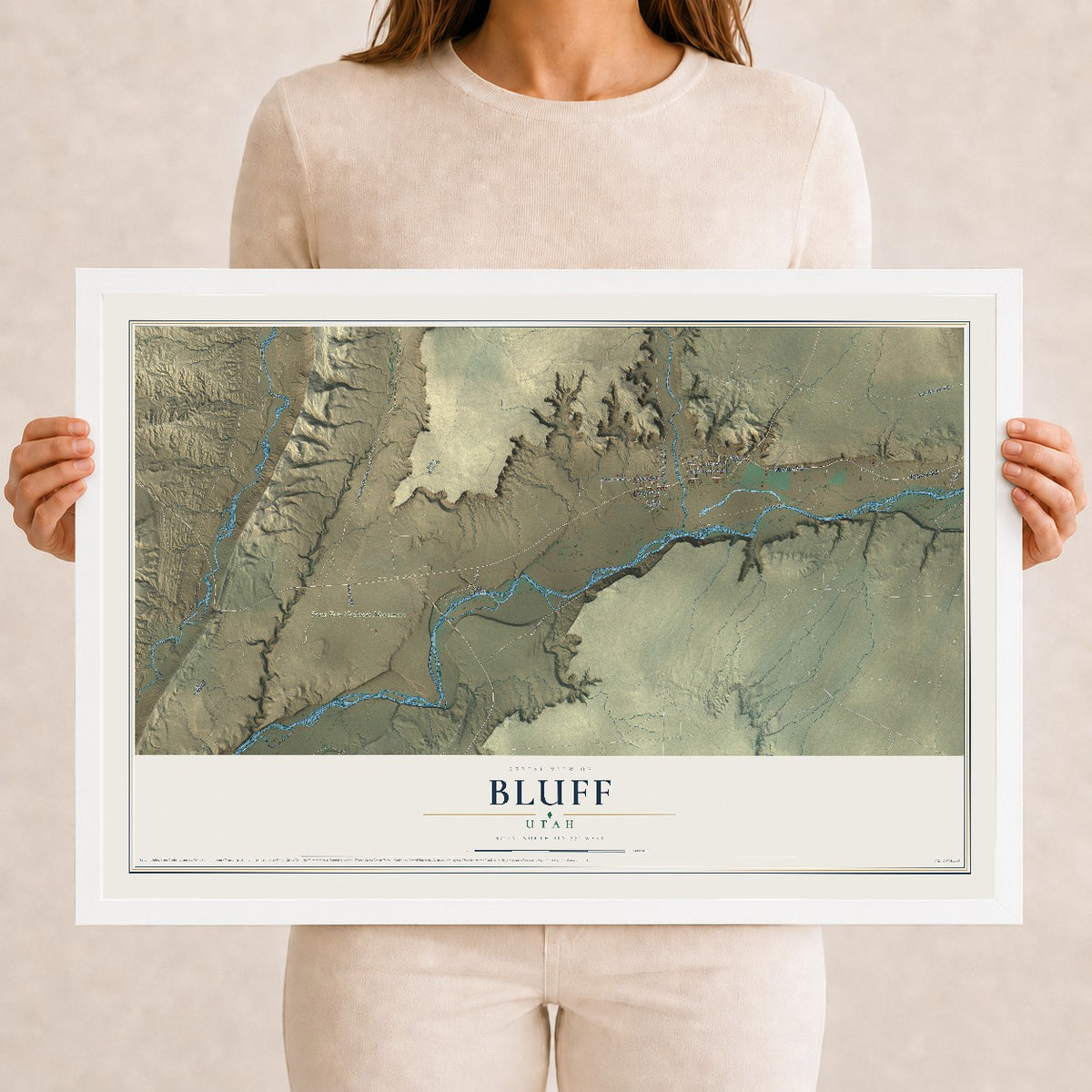 Map of Bluff, Utah, 12 x 18 inch print in a white wood frame