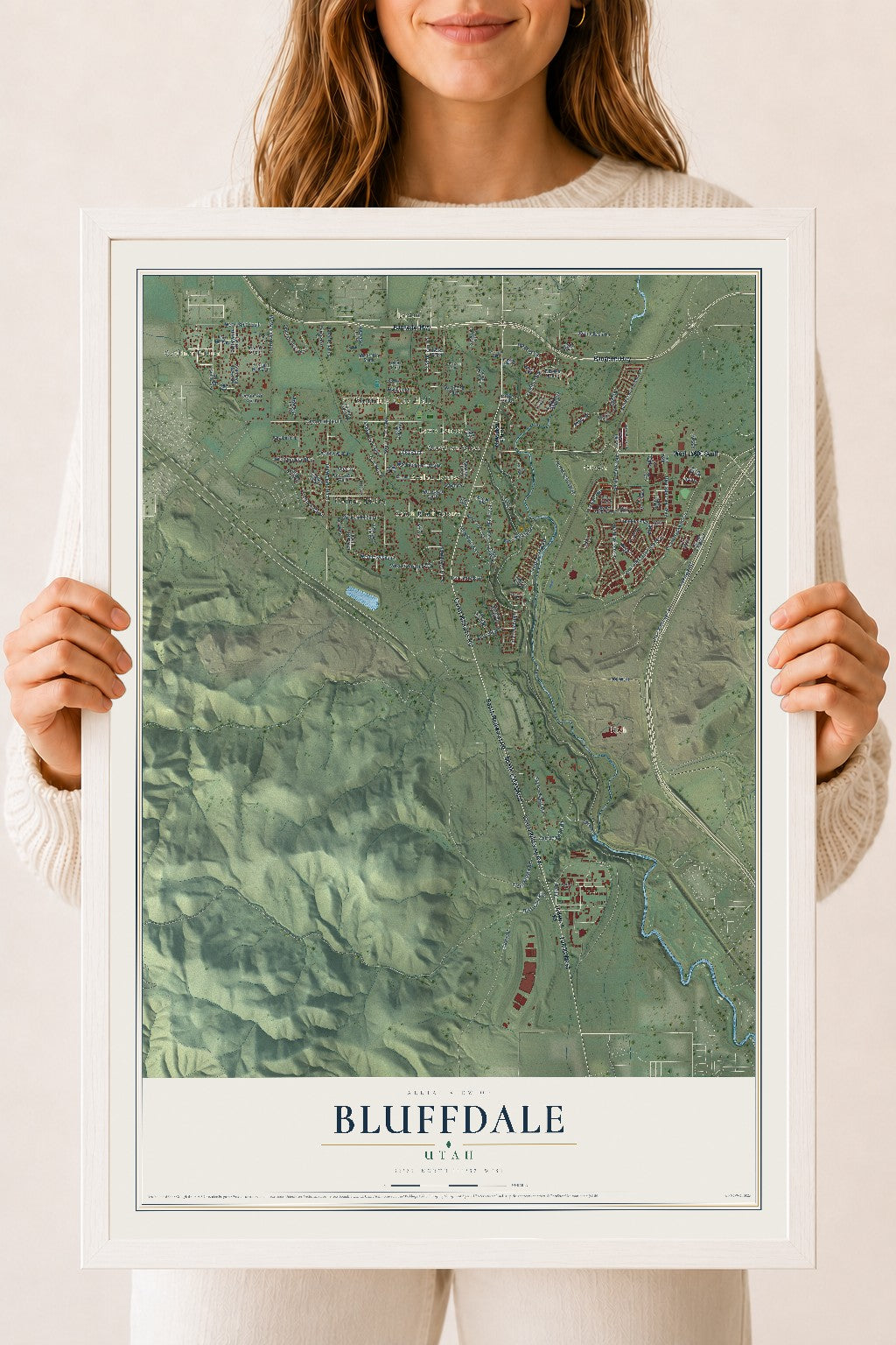 Map of Bluffdale, Utah, 18 x 24 inch print in a white wood frame