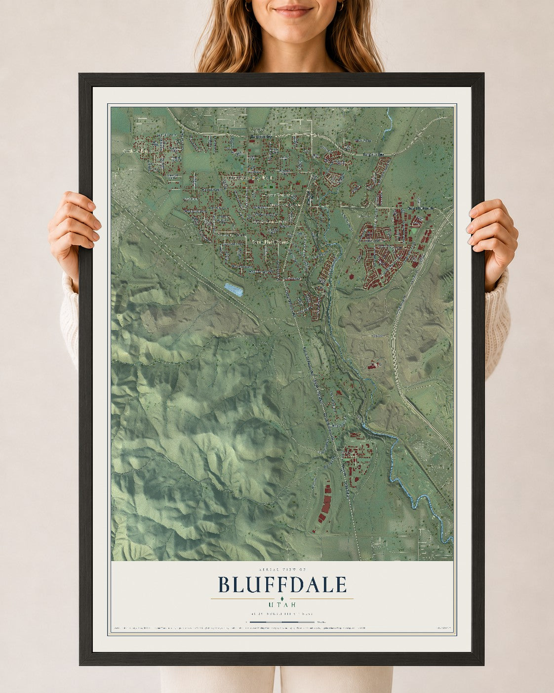 Map of Bluffdale, Utah, 24 x 36 inch print in a black wood frame