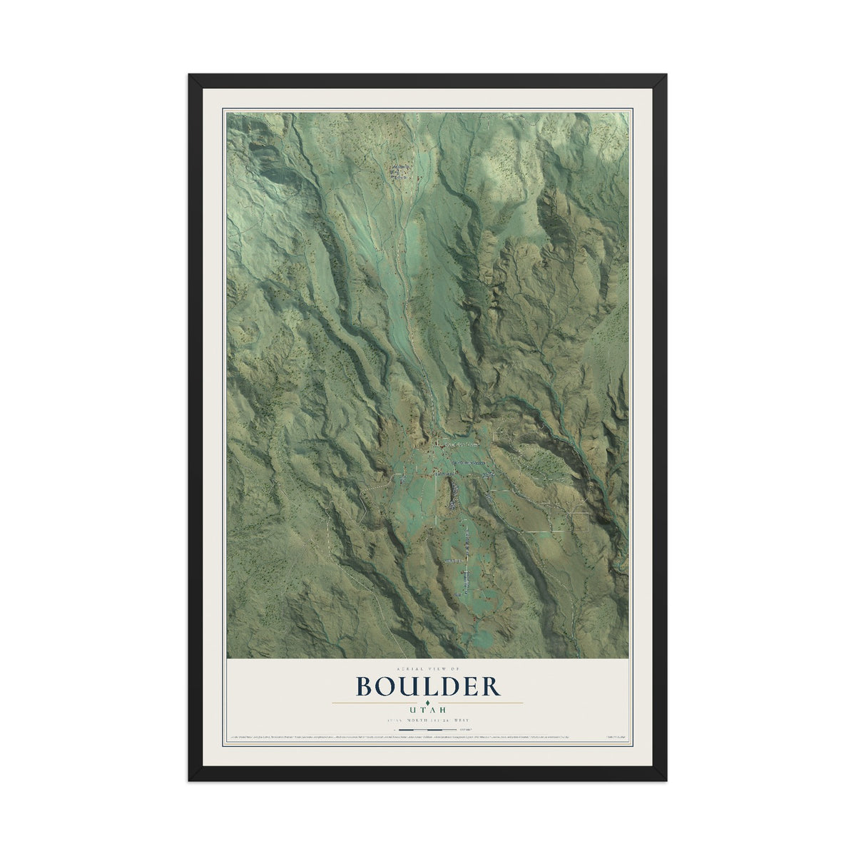 Map of Boulder, Utah, 12 x 18 inch print in a black wood frame