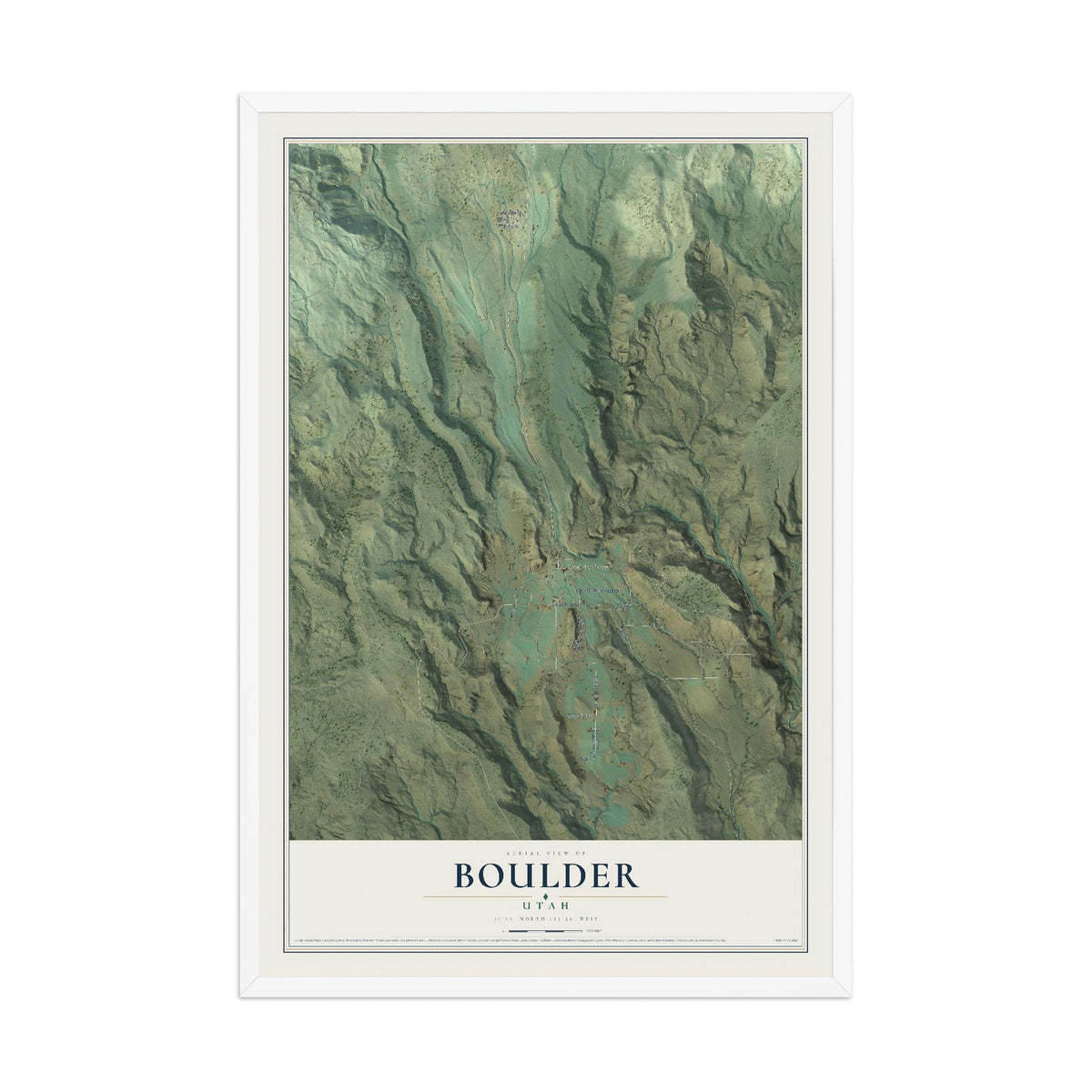 Map of Boulder, Utah, 12 x 18 inch print in a white wood frame