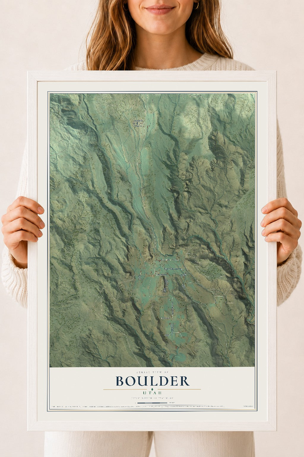 Map of Boulder, Utah, 18 x 24 inch print in a white wood frame
