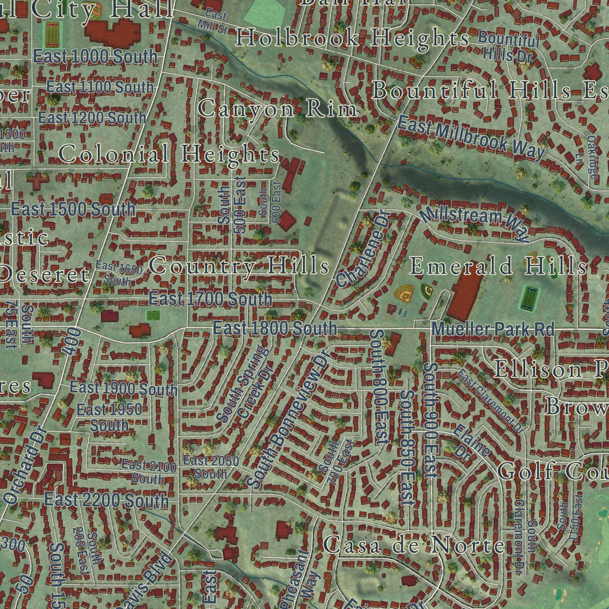 Close-up of the map of Bountiful, Utah print showing street and building detail