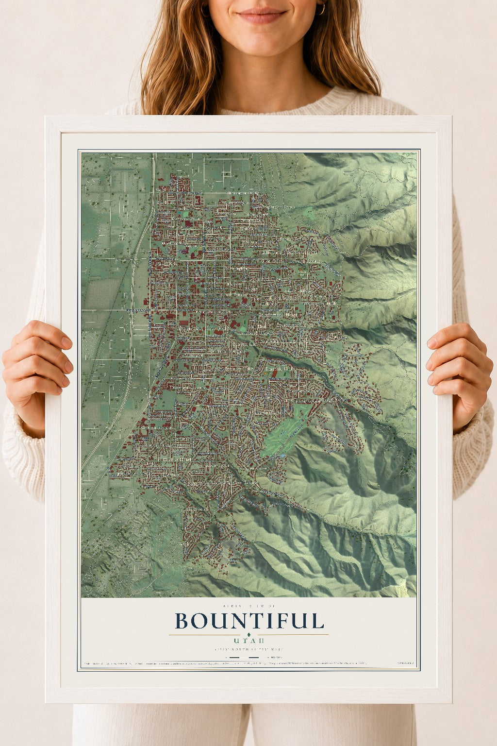 Map of Bountiful, Utah, 18 x 24 inch print in a white wood frame