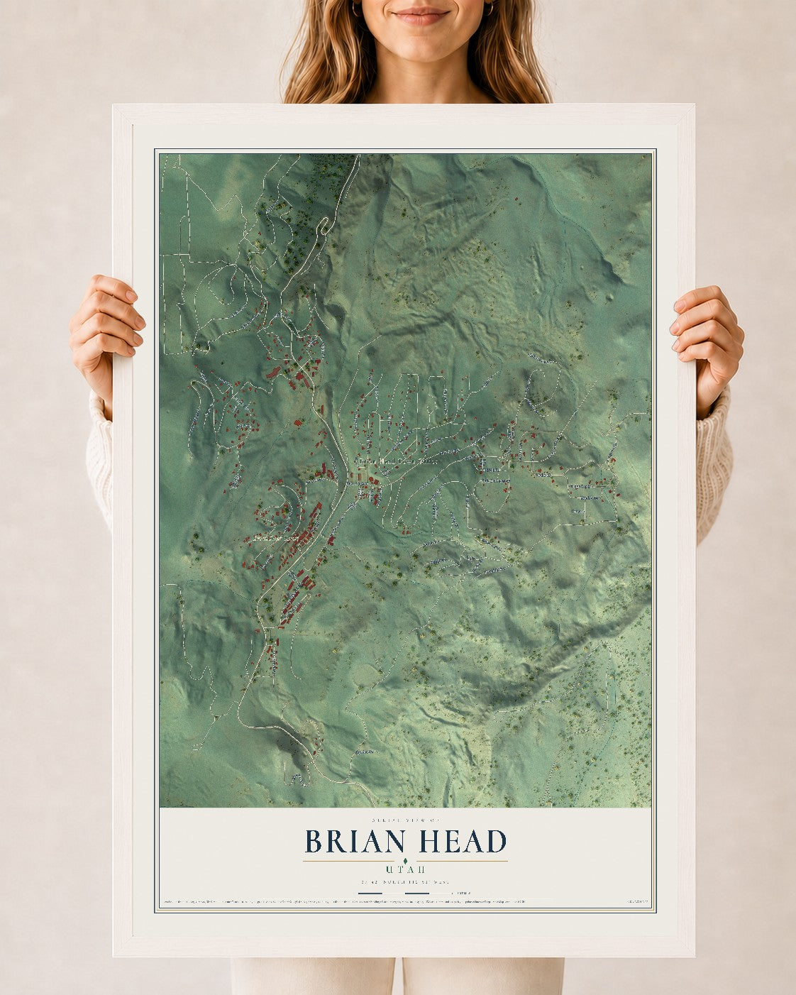 Map of Brian Head, Utah, 24 x 36 inch print in a white wood frame
