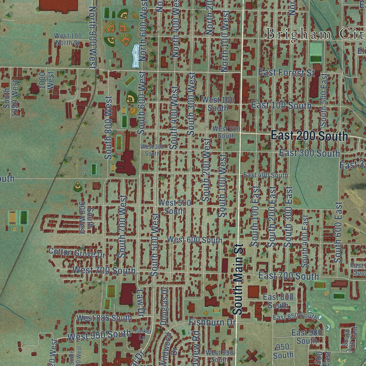 Close-up of the map of Brigham City, Utah print showing street and building detail