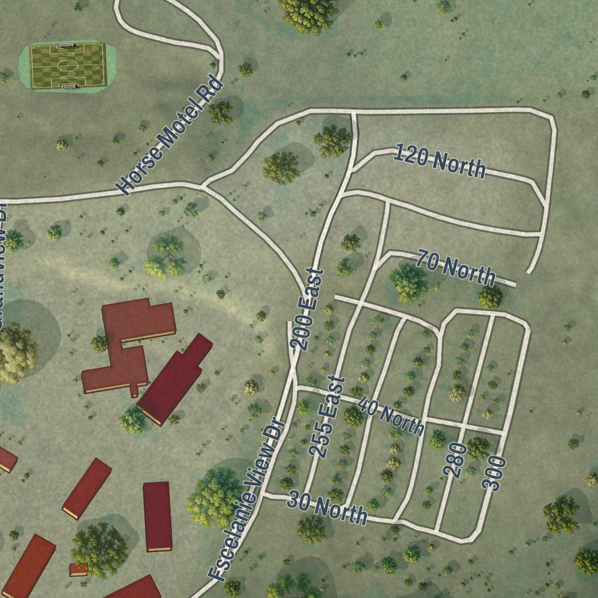 Close-up of the map of Bryce Canyon City, Utah print showing street and building detail