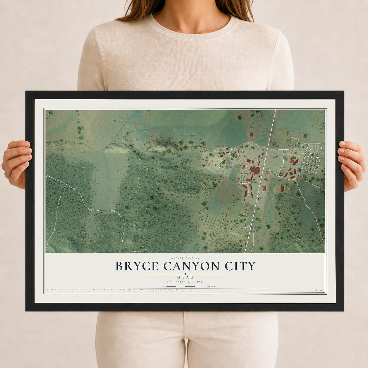 Map of Bryce Canyon City, Utah, 12 x 18 inch print in a black wood frame