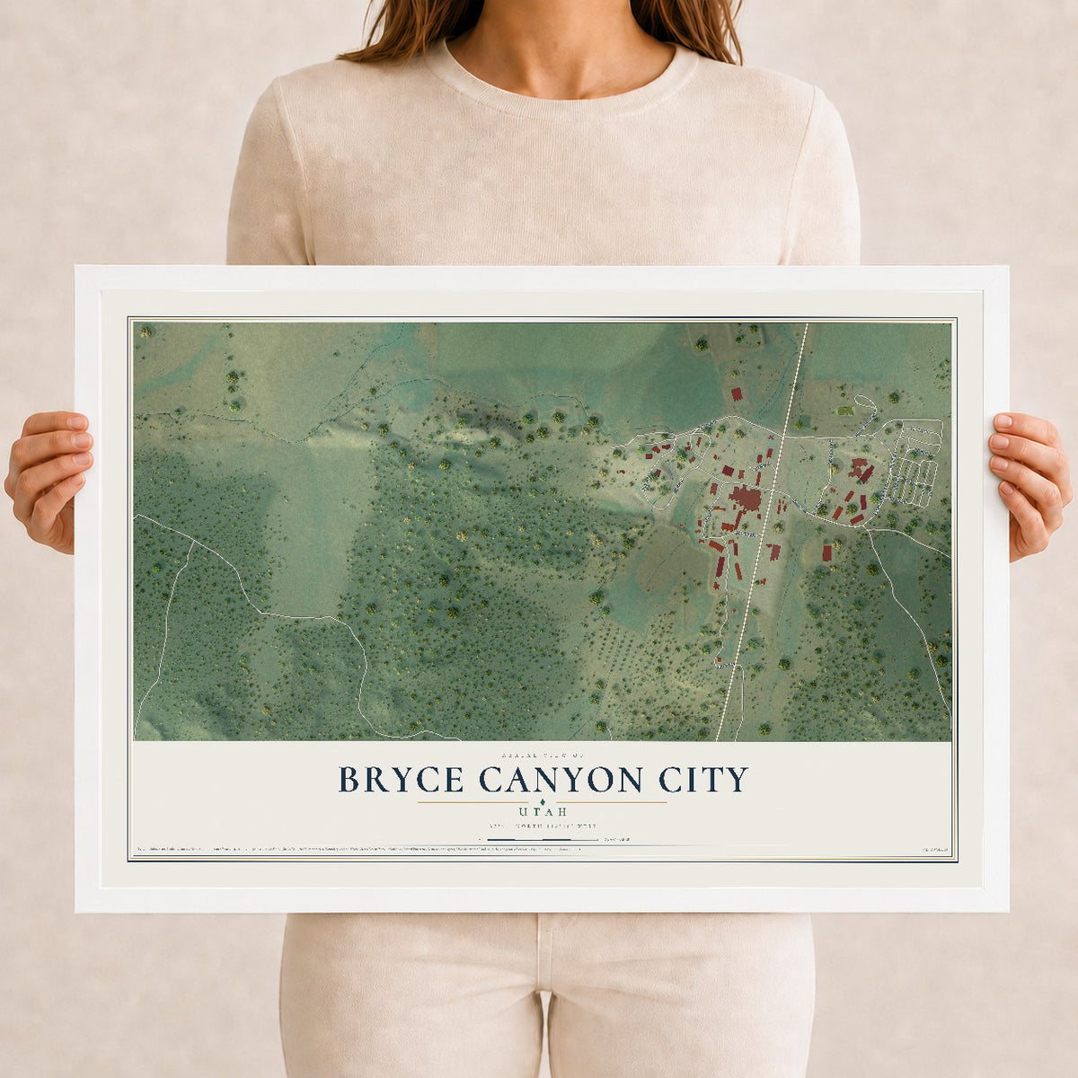 Map of Bryce Canyon City, Utah, 12 x 18 inch print in a white wood frame