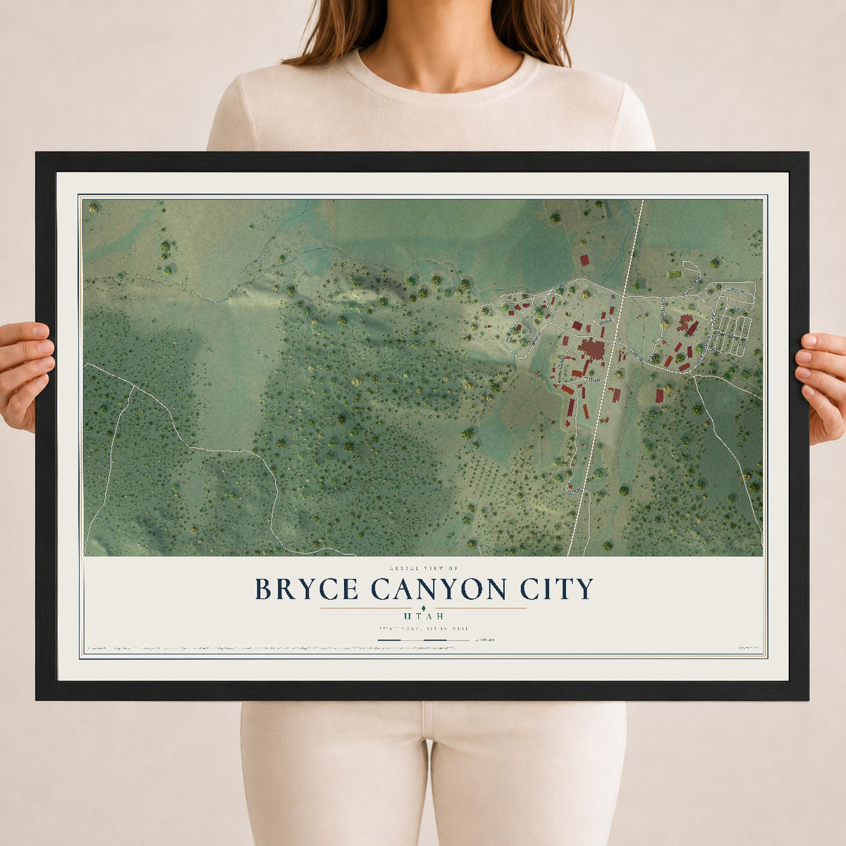 Map of Bryce Canyon City, Utah, 18 x 24 inch print in a black wood frame