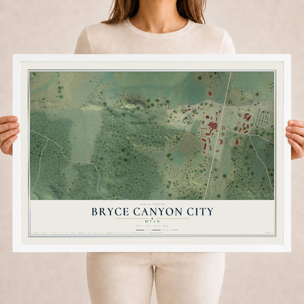 Map of Bryce Canyon City, Utah, 18 x 24 inch print in a white wood frame