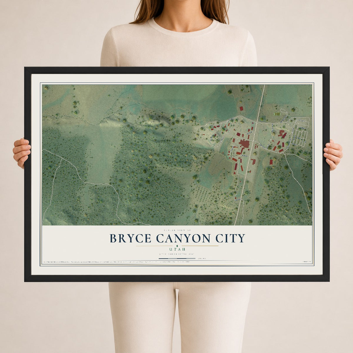 Map of Bryce Canyon City, Utah, 24 x 36 inch print in a black wood frame