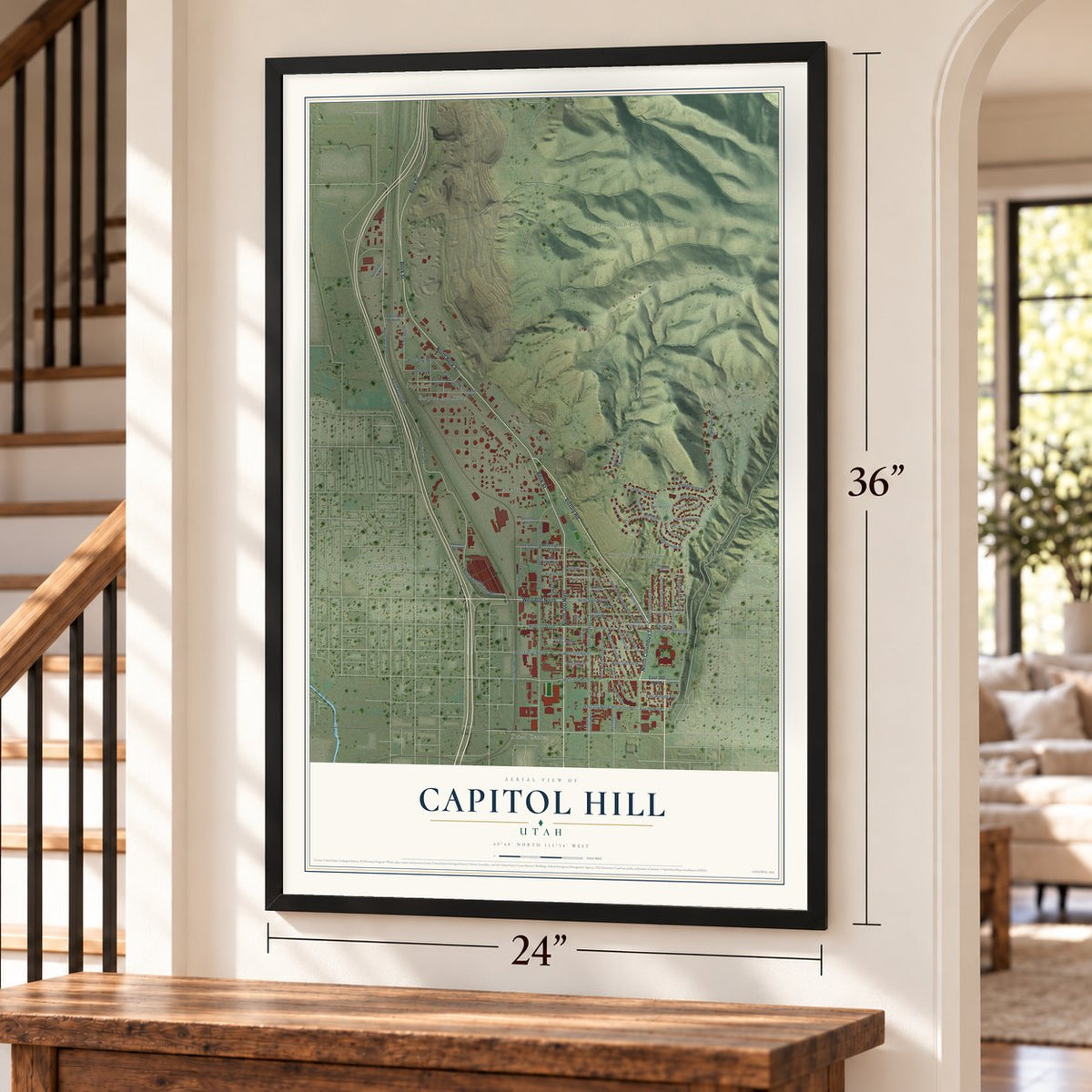 Capitol Hill, Utah map, 24 x 36 inch print in a black frame by a staircase