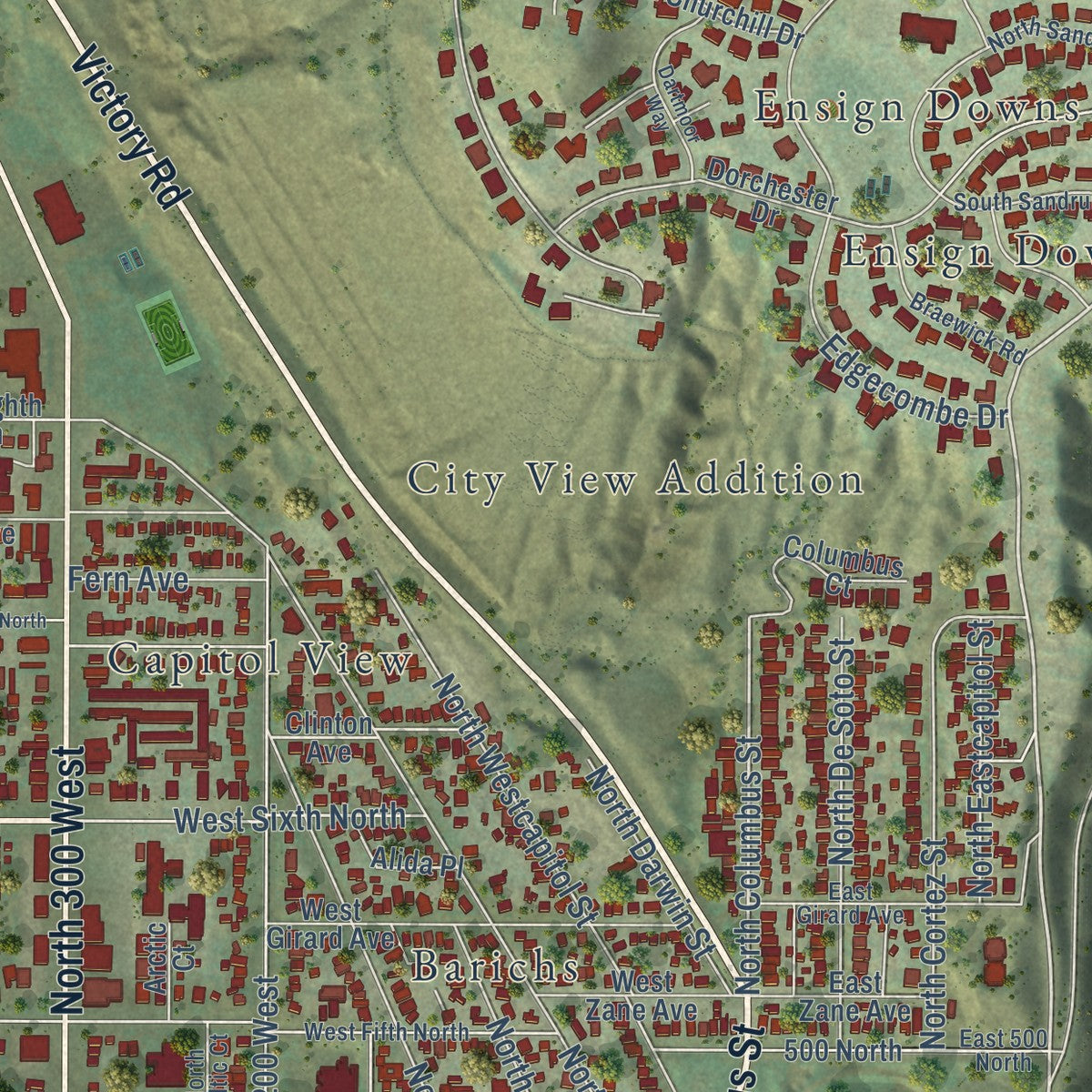 Close-up of the map of Capitol Hill, Utah print showing street and building detail