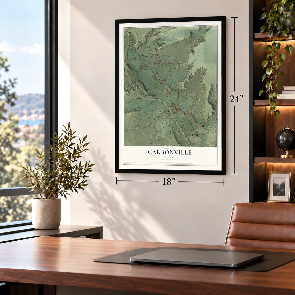 Carbonville, Utah map, 18 x 24 inch print in a black frame in a home office