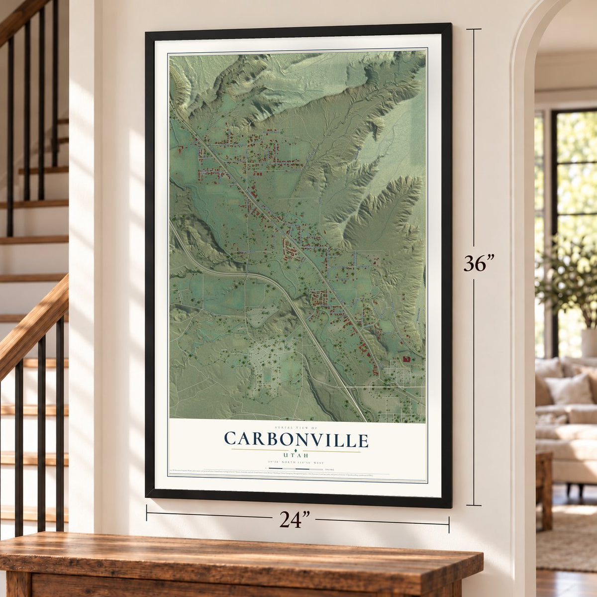 Carbonville, Utah map, 24 x 36 inch print in a black frame by a staircase
