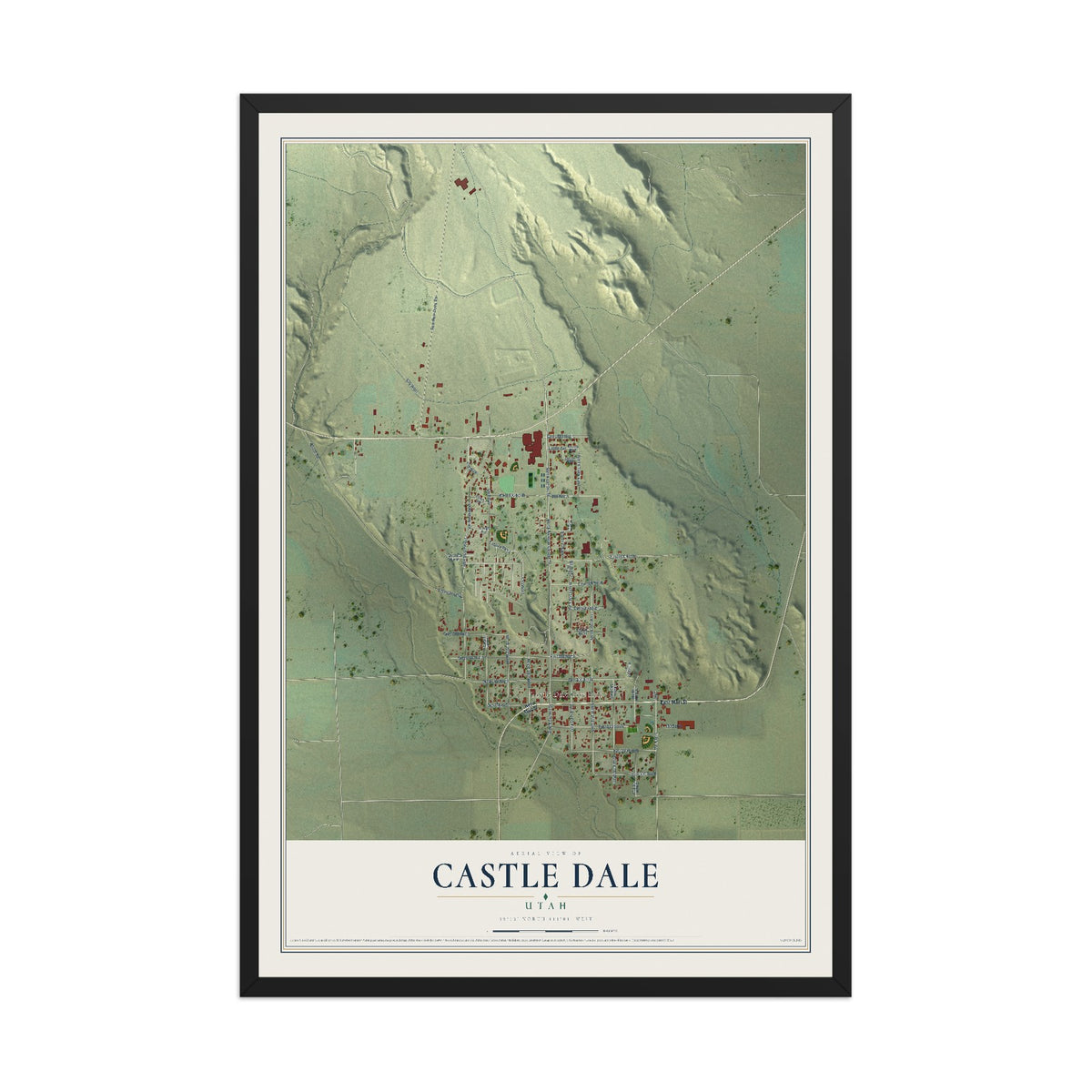 Map of Castle Dale, Utah, 12 x 18 inch print in a black wood frame