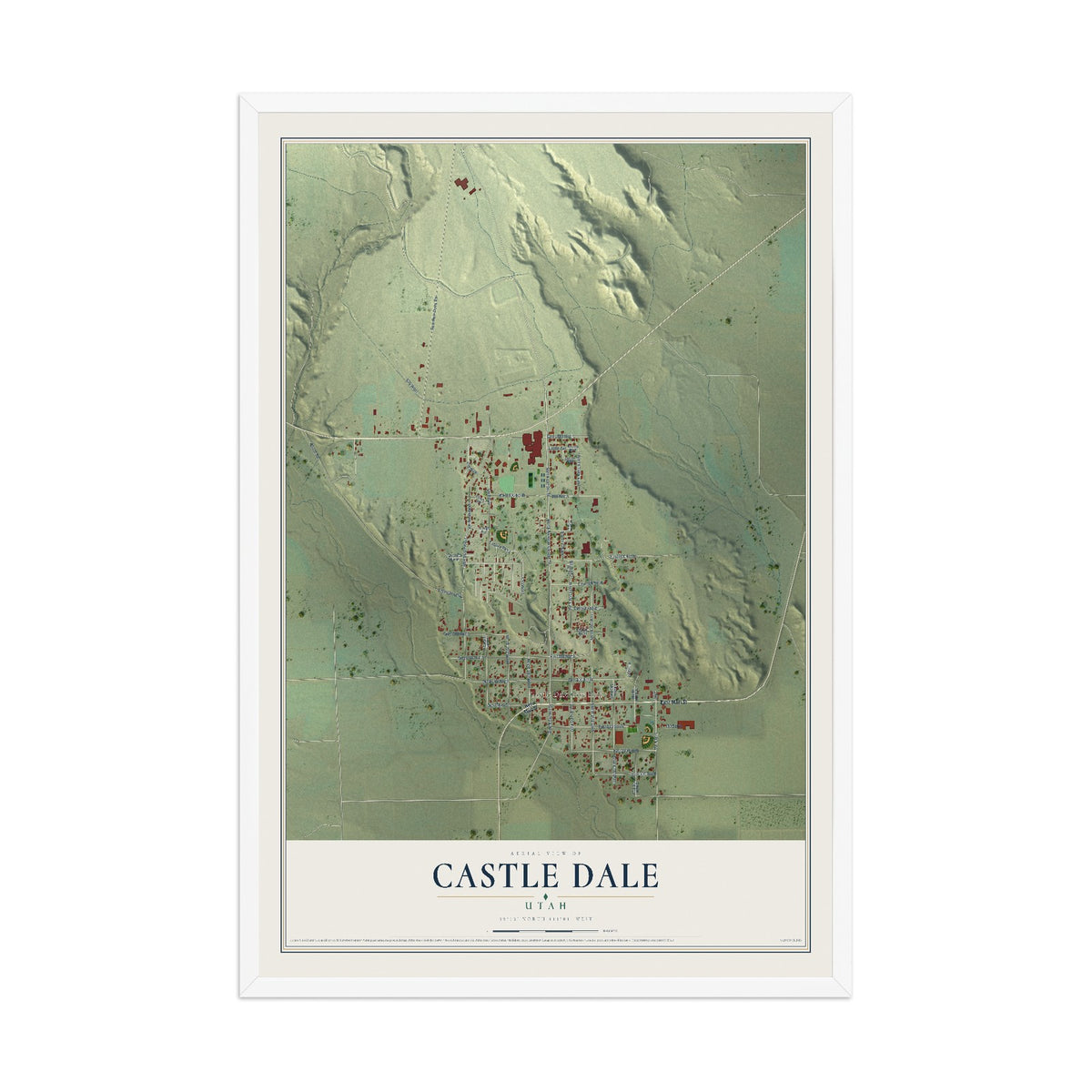 Map of Castle Dale, Utah, 12 x 18 inch print in a white wood frame