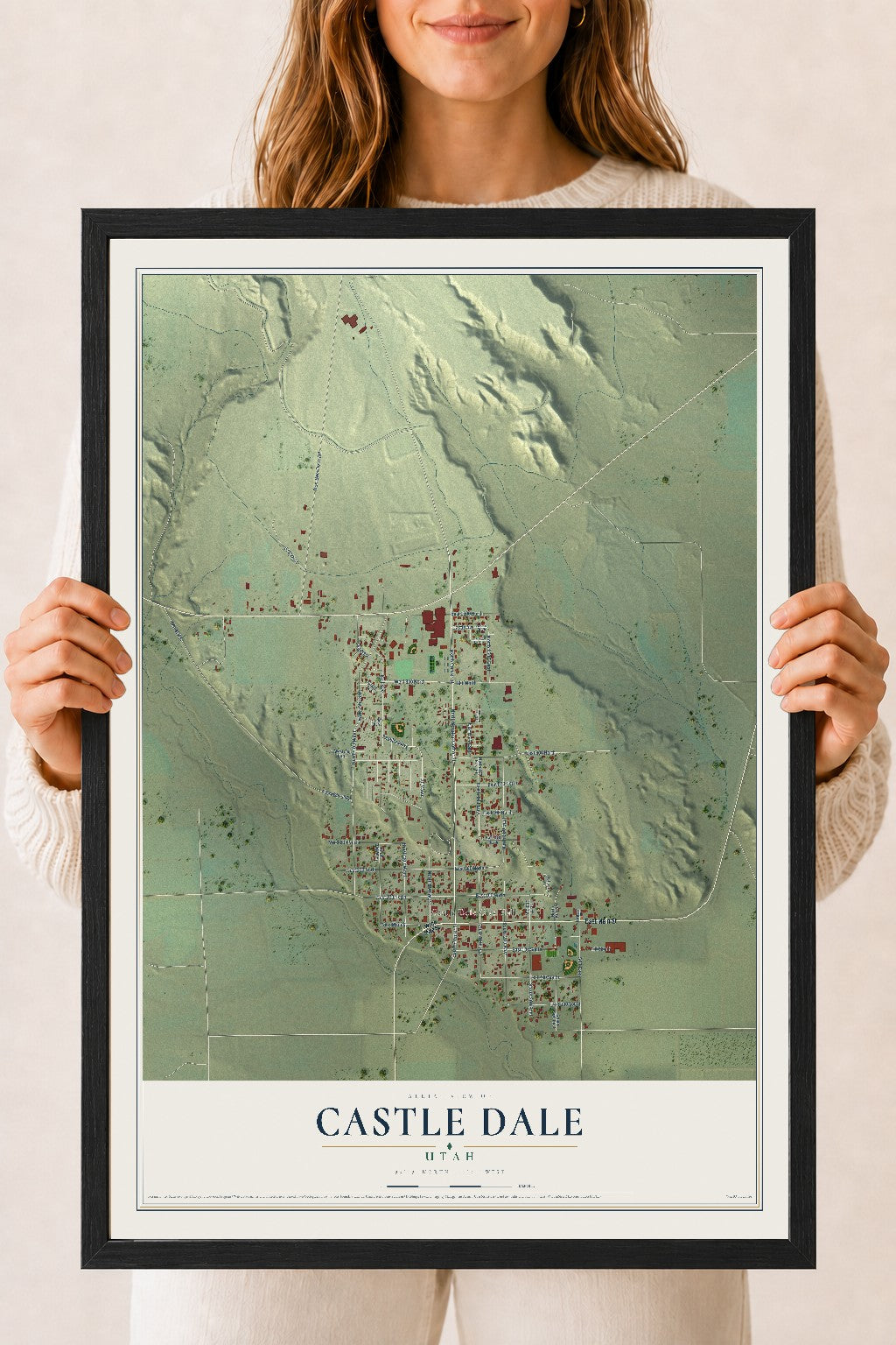 Map of Castle Dale, Utah, 18 x 24 inch print in a black wood frame