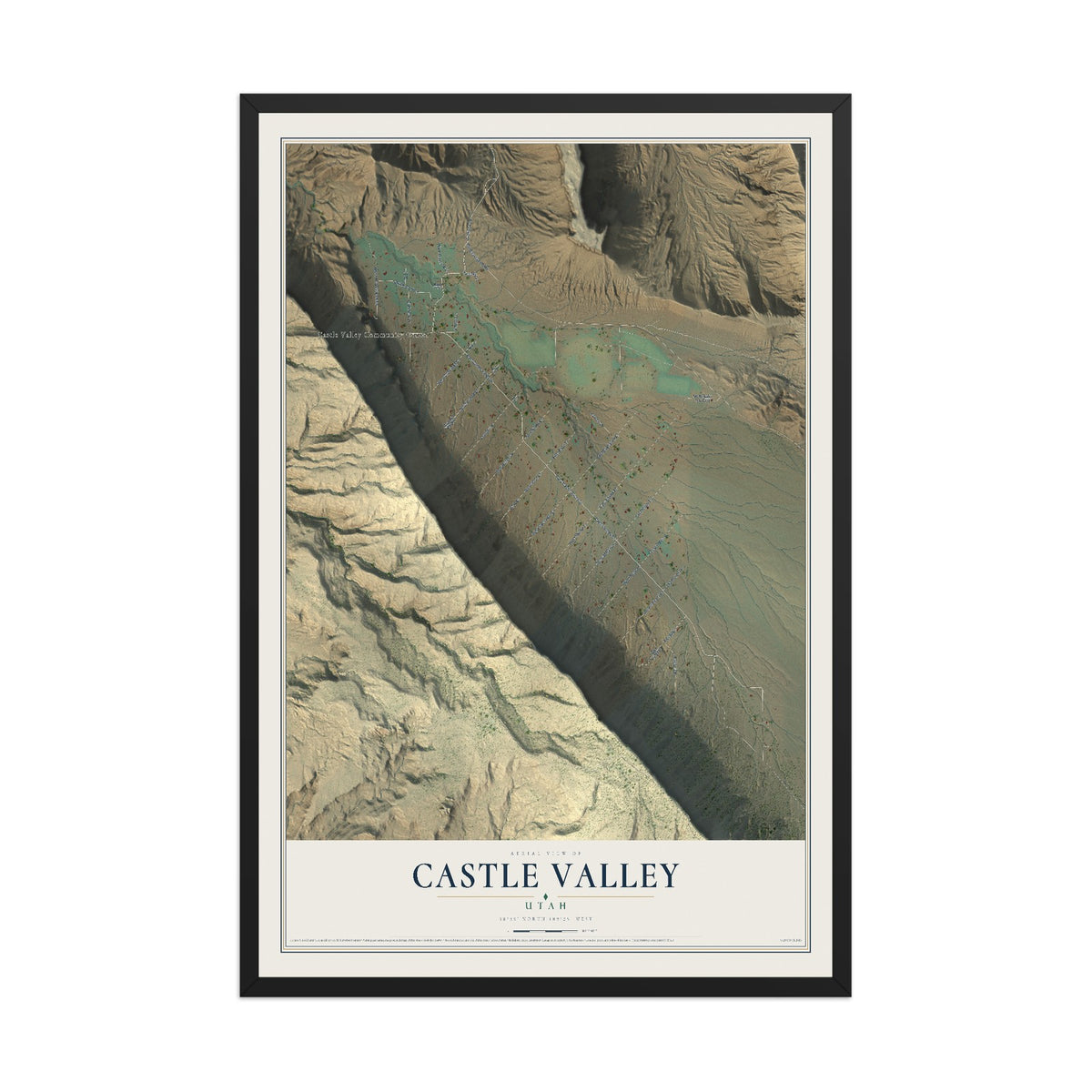 Map of Castle Valley, Utah, 12 x 18 inch print in a black wood frame