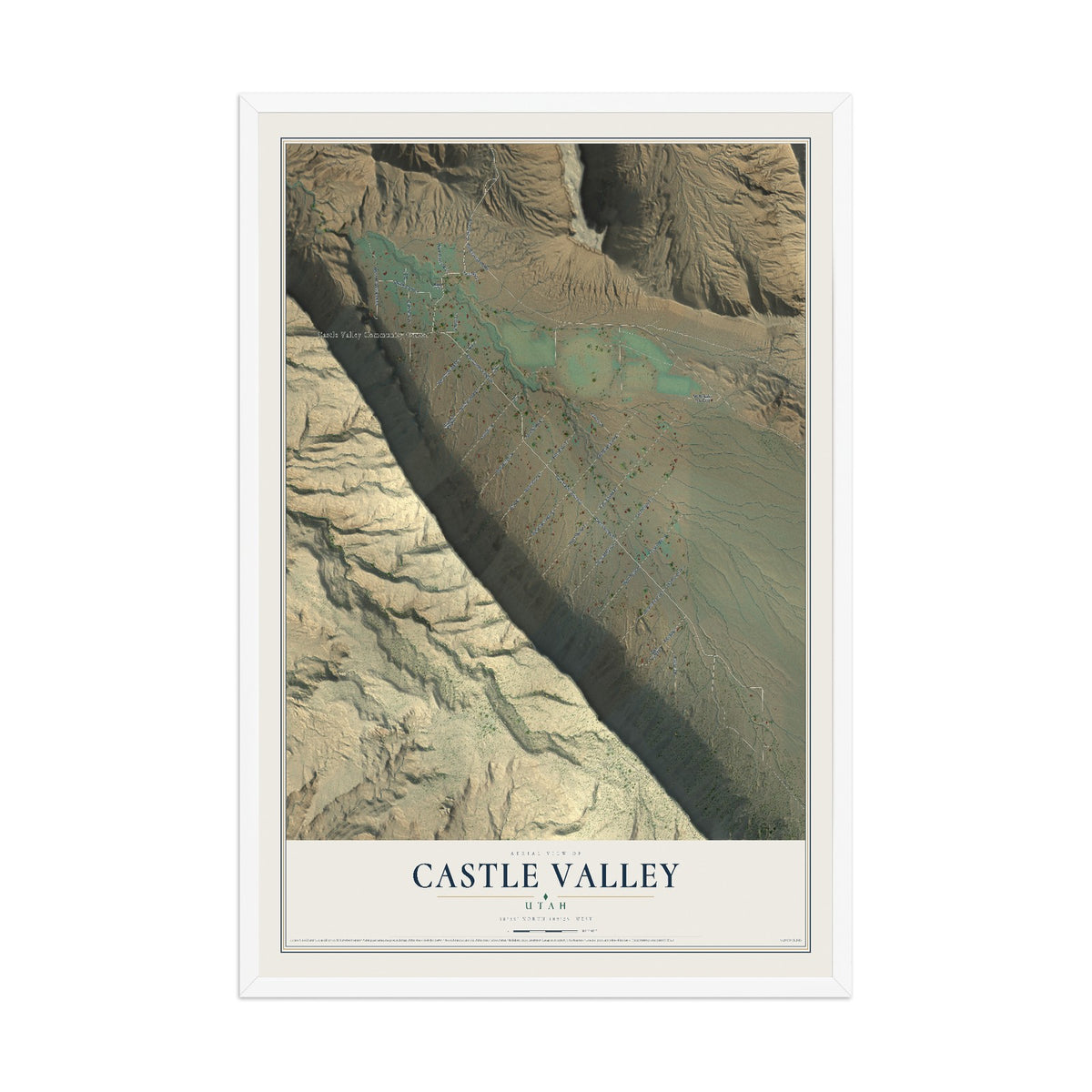 Map of Castle Valley, Utah, 12 x 18 inch print in a white wood frame
