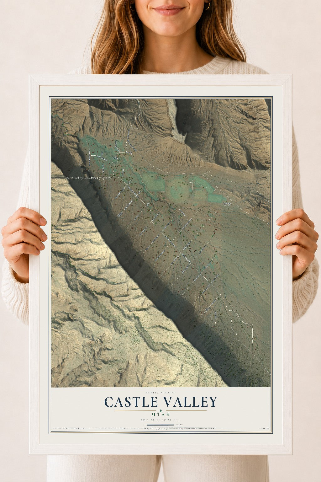 Map of Castle Valley, Utah, 18 x 24 inch print in a white wood frame