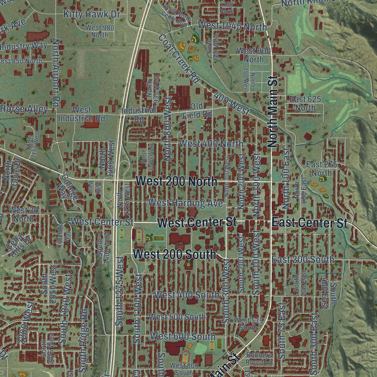 Close-up of the map of Cedar City, Utah print showing street and building detail
