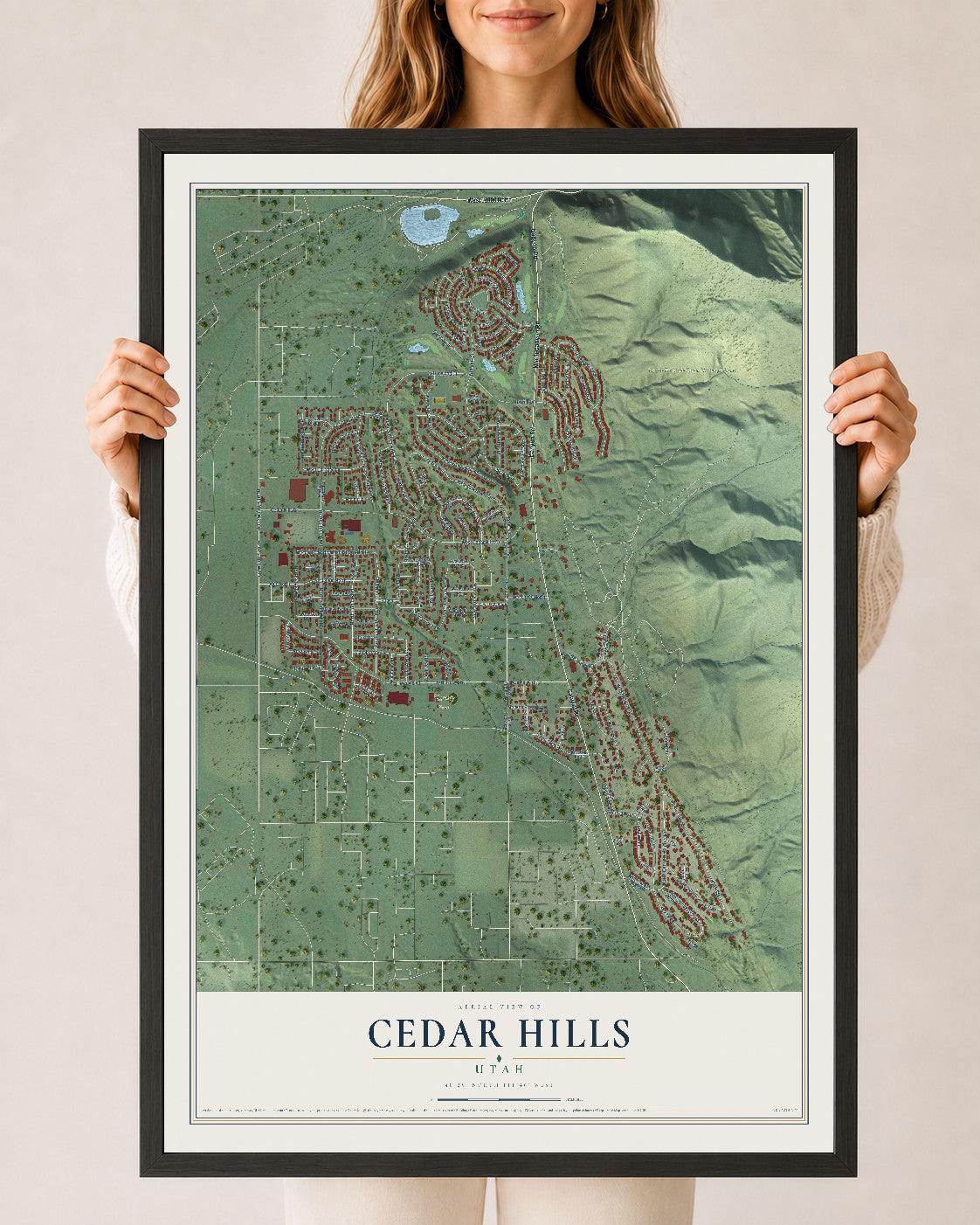 Map of Cedar Hills, Utah, 24 x 36 inch print in a black wood frame