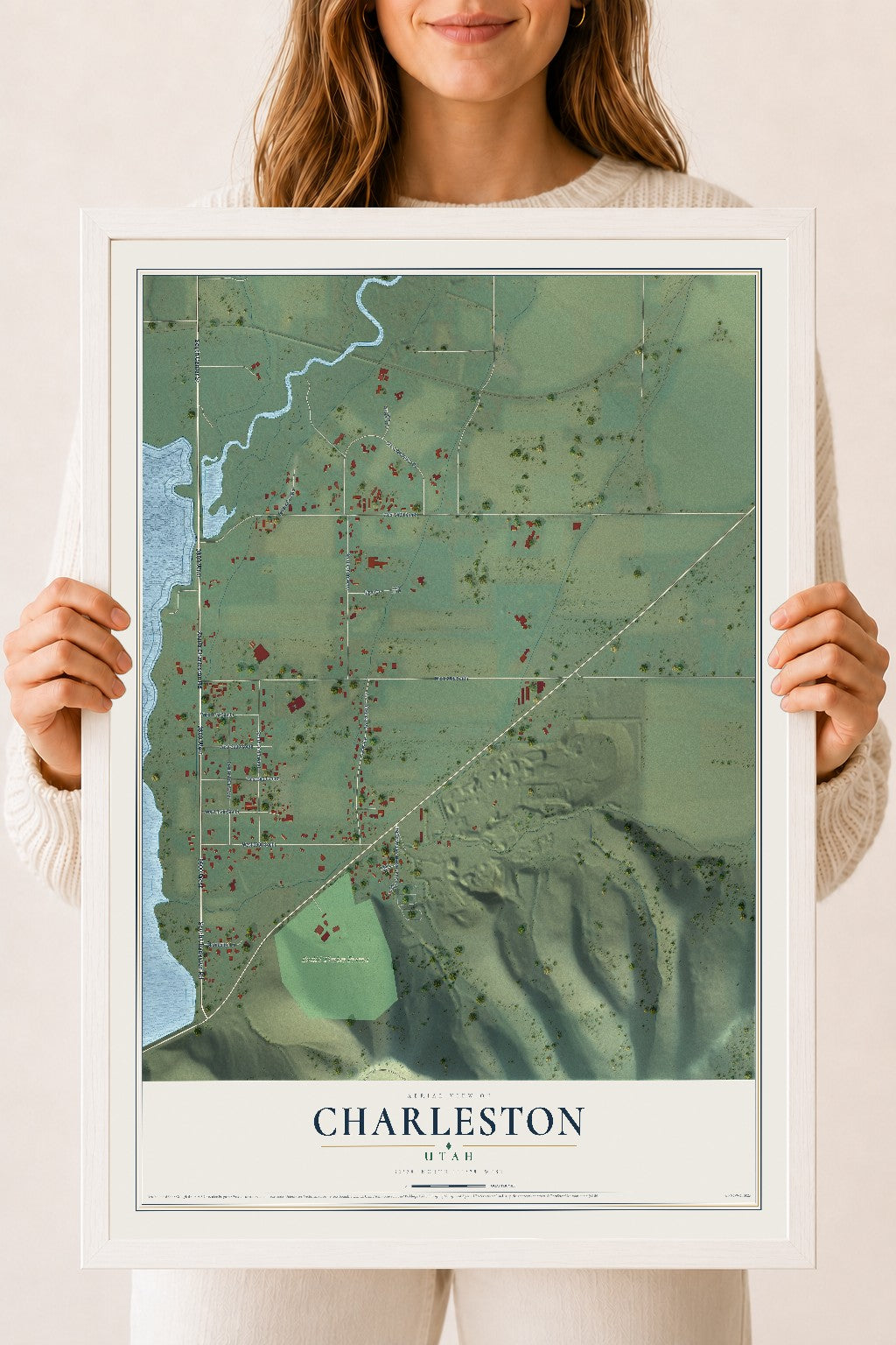 Map of Charleston, Utah, 18 x 24 inch print in a white wood frame
