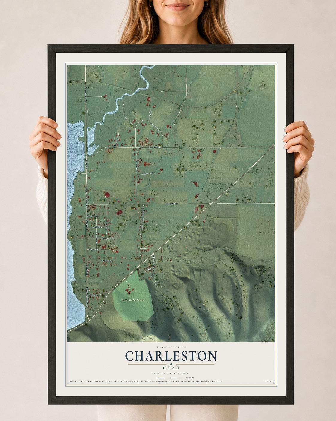 Map of Charleston, Utah, 24 x 36 inch print in a black wood frame