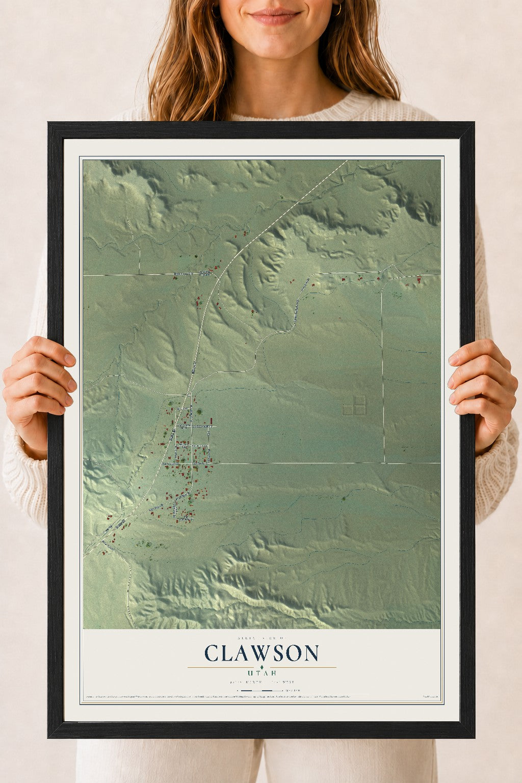 Map of Clawson, Utah, 18 x 24 inch print in a black wood frame