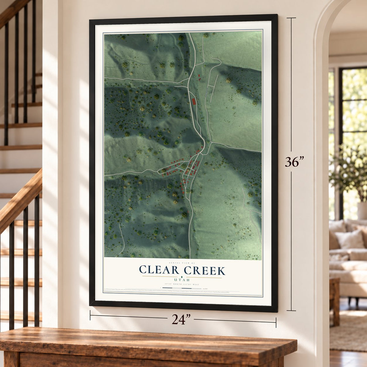 Clear Creek, Utah map, 24 x 36 inch print in a black frame by a staircase