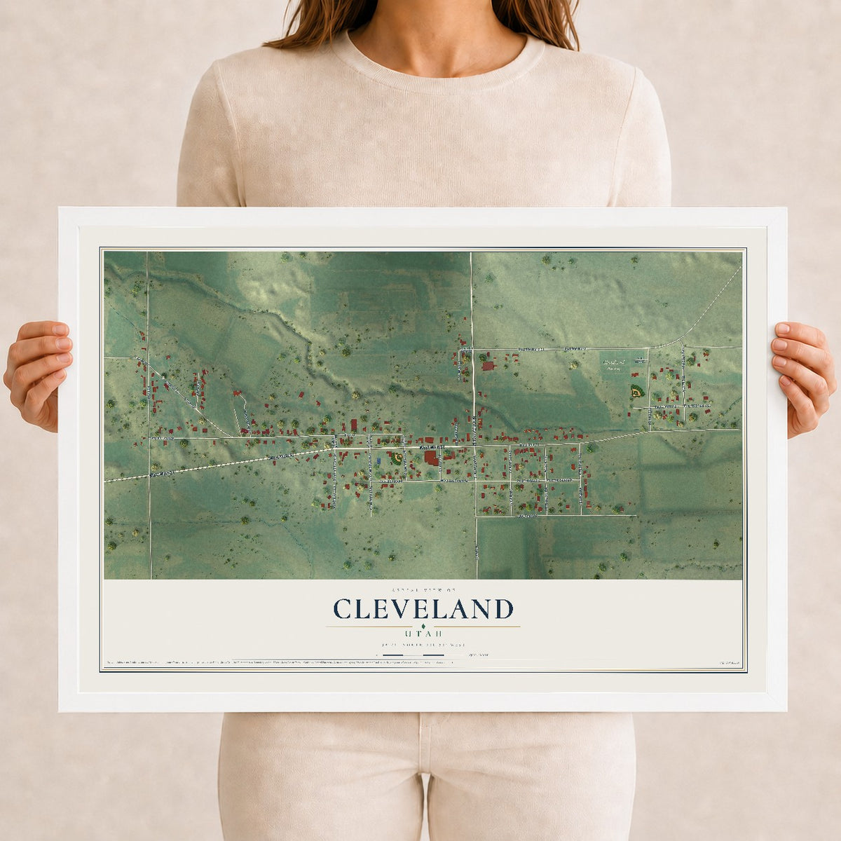 Map of Cleveland, Utah, 12 x 18 inch print in a white wood frame