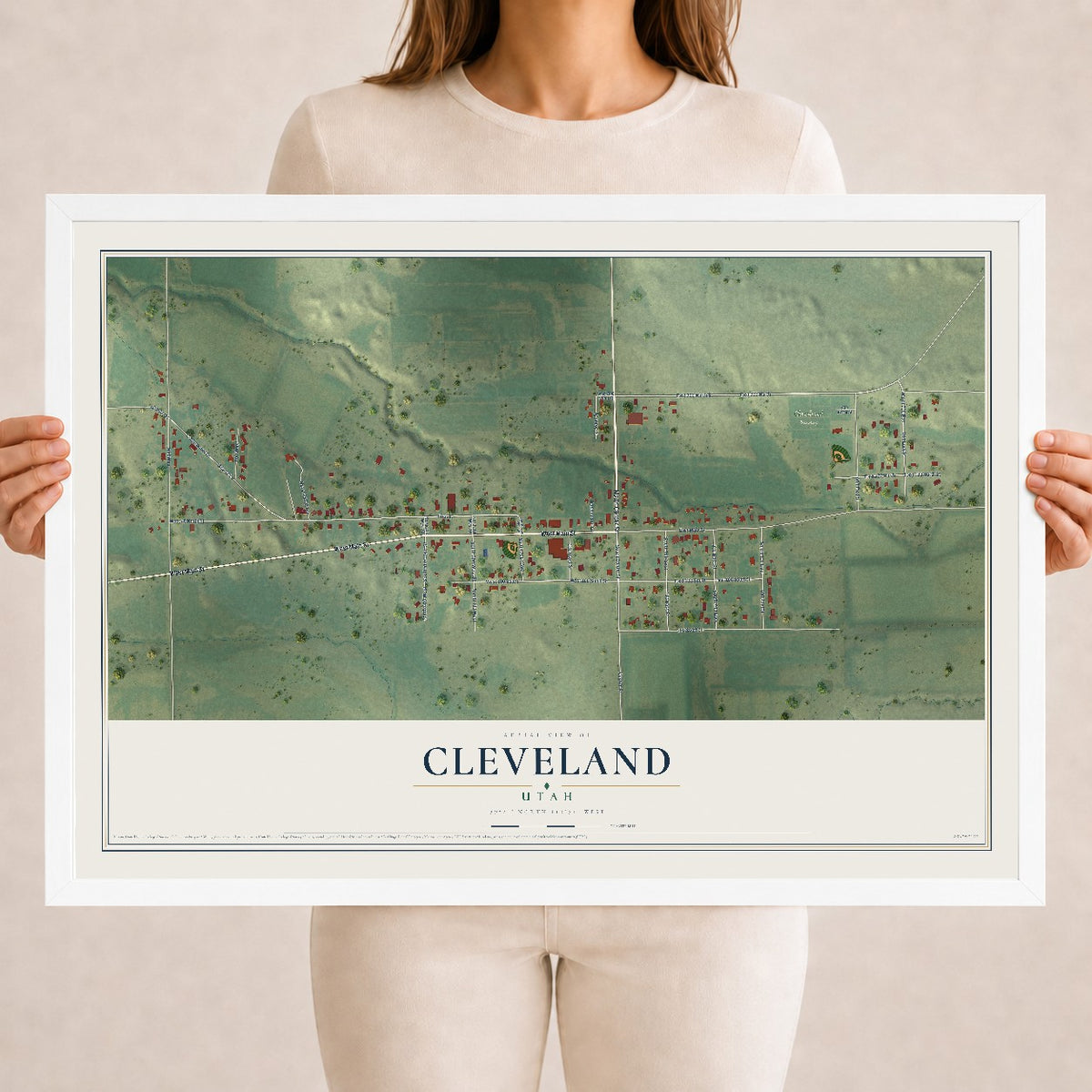 Map of Cleveland, Utah, 18 x 24 inch print in a white wood frame