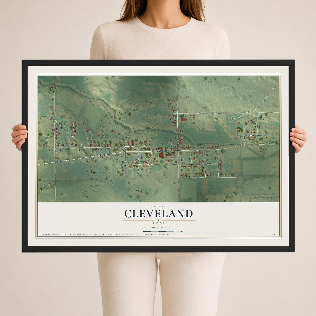 Map of Cleveland, Utah, 24 x 36 inch print in a black wood frame