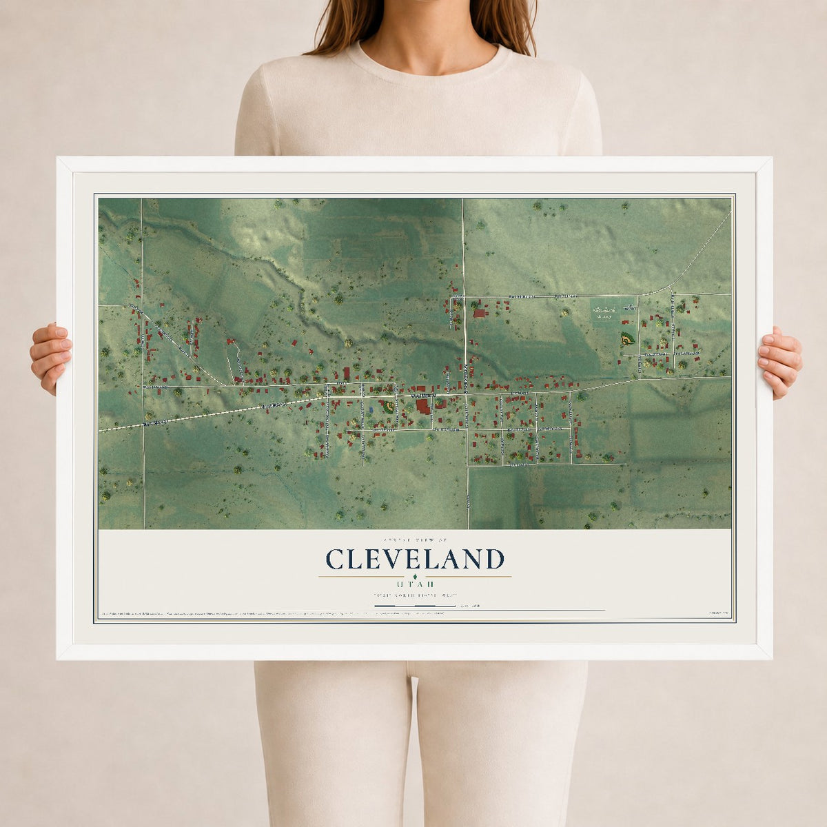 Map of Cleveland, Utah, 24 x 36 inch print in a white wood frame