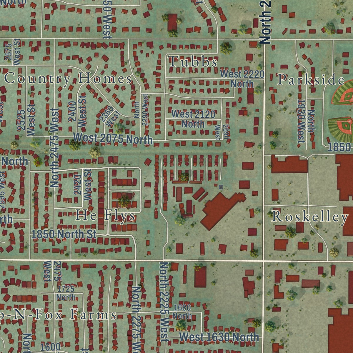 Second close-up of the map of Clinton, Utah print showing more streets and buildings