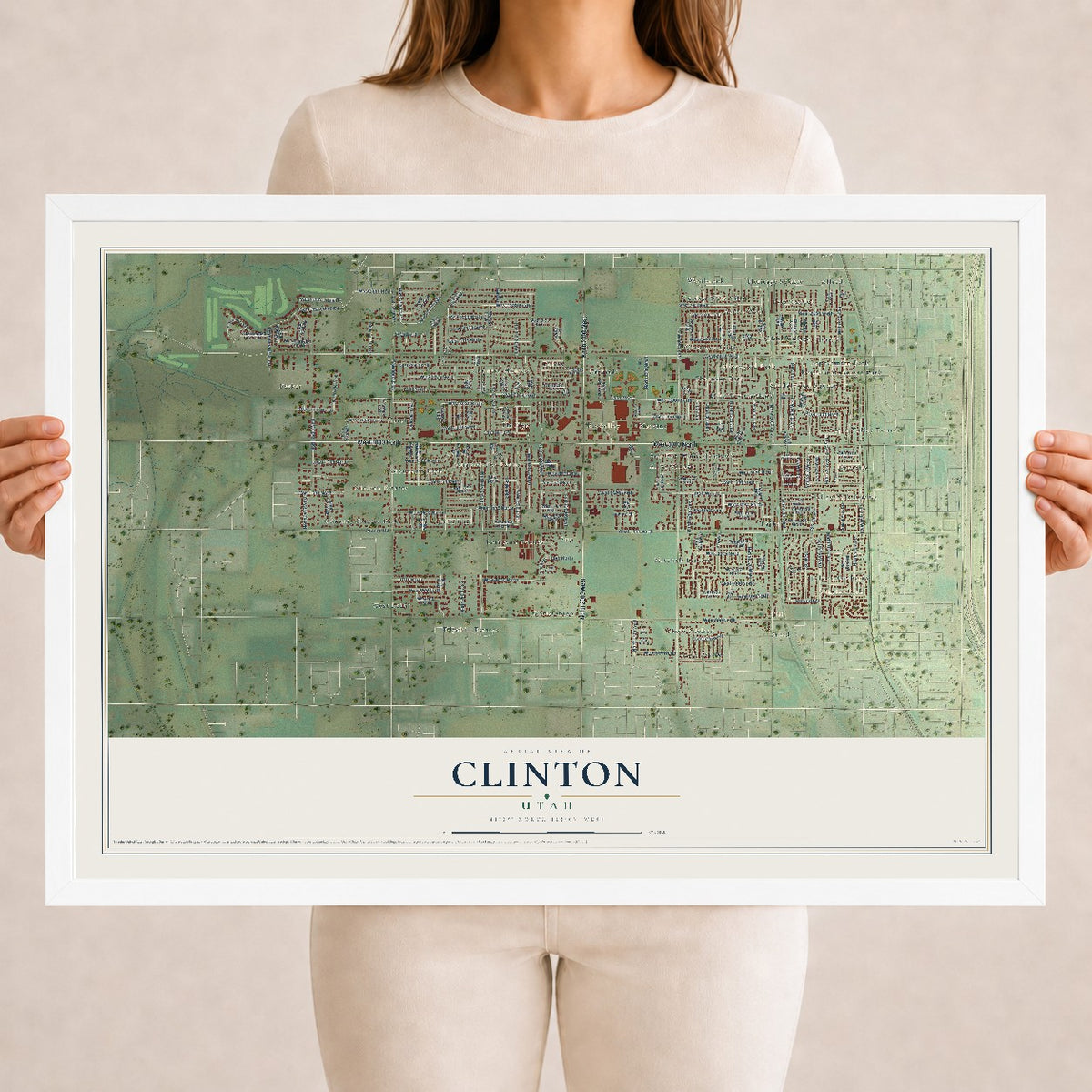 Map of Clinton, Utah, 18 x 24 inch print in a white wood frame