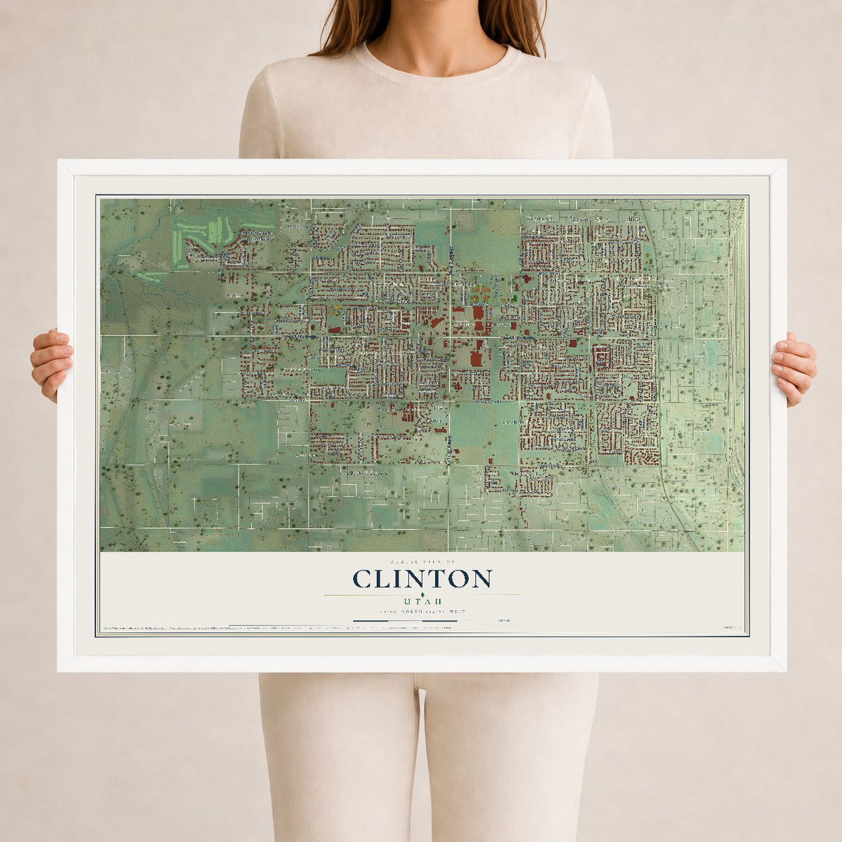 Map of Clinton, Utah, 24 x 36 inch print in a white wood frame