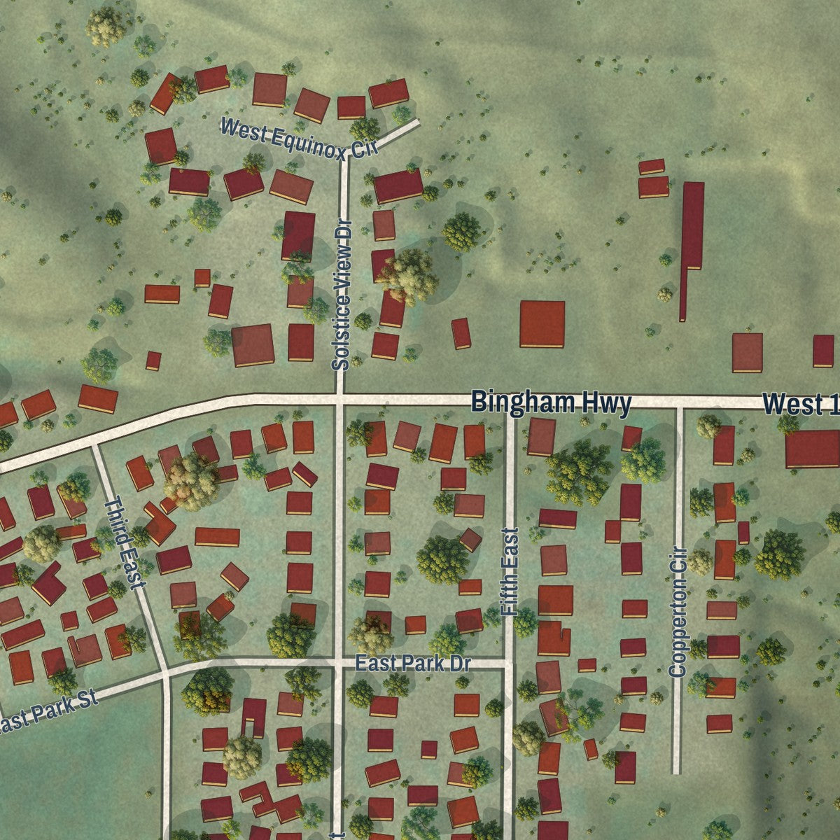 Close-up of the map of Copperton, Utah print showing street and building detail