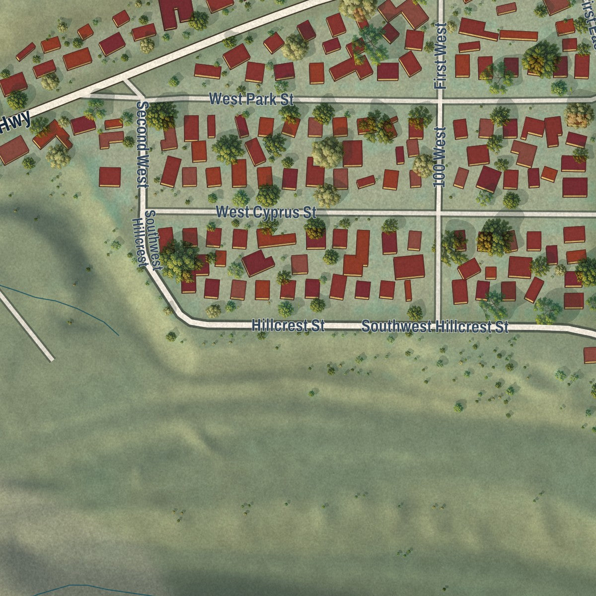 Second close-up of the map of Copperton, Utah print showing more streets and buildings