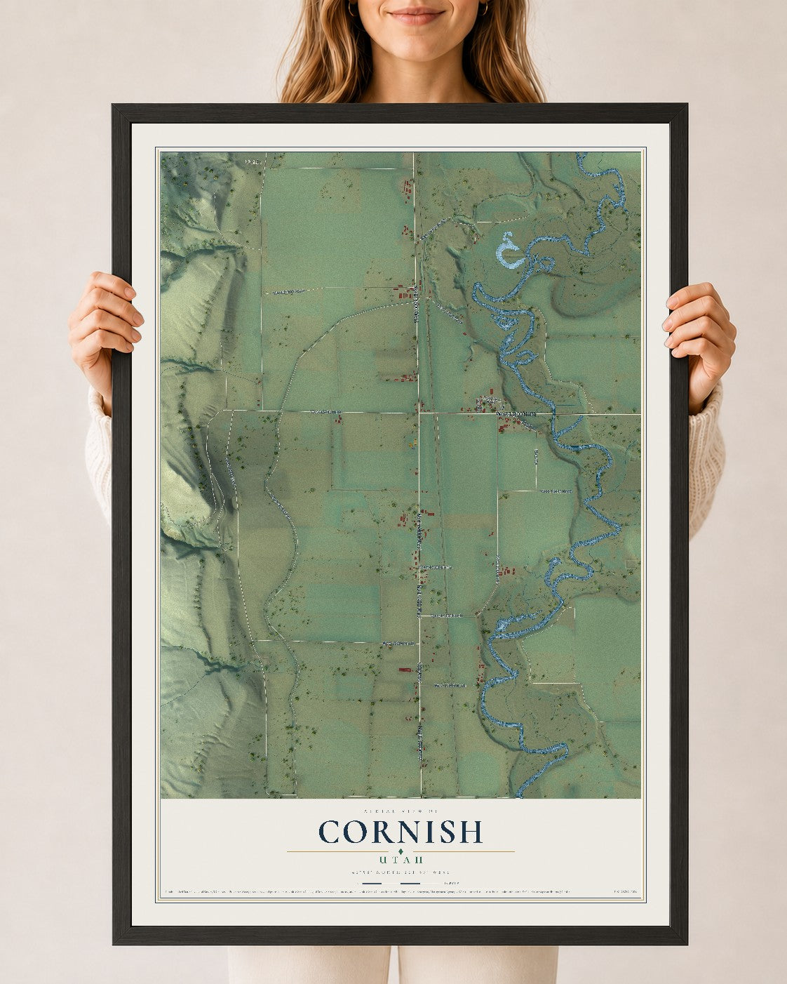 Map of Cornish, Utah, 24 x 36 inch print in a black wood frame