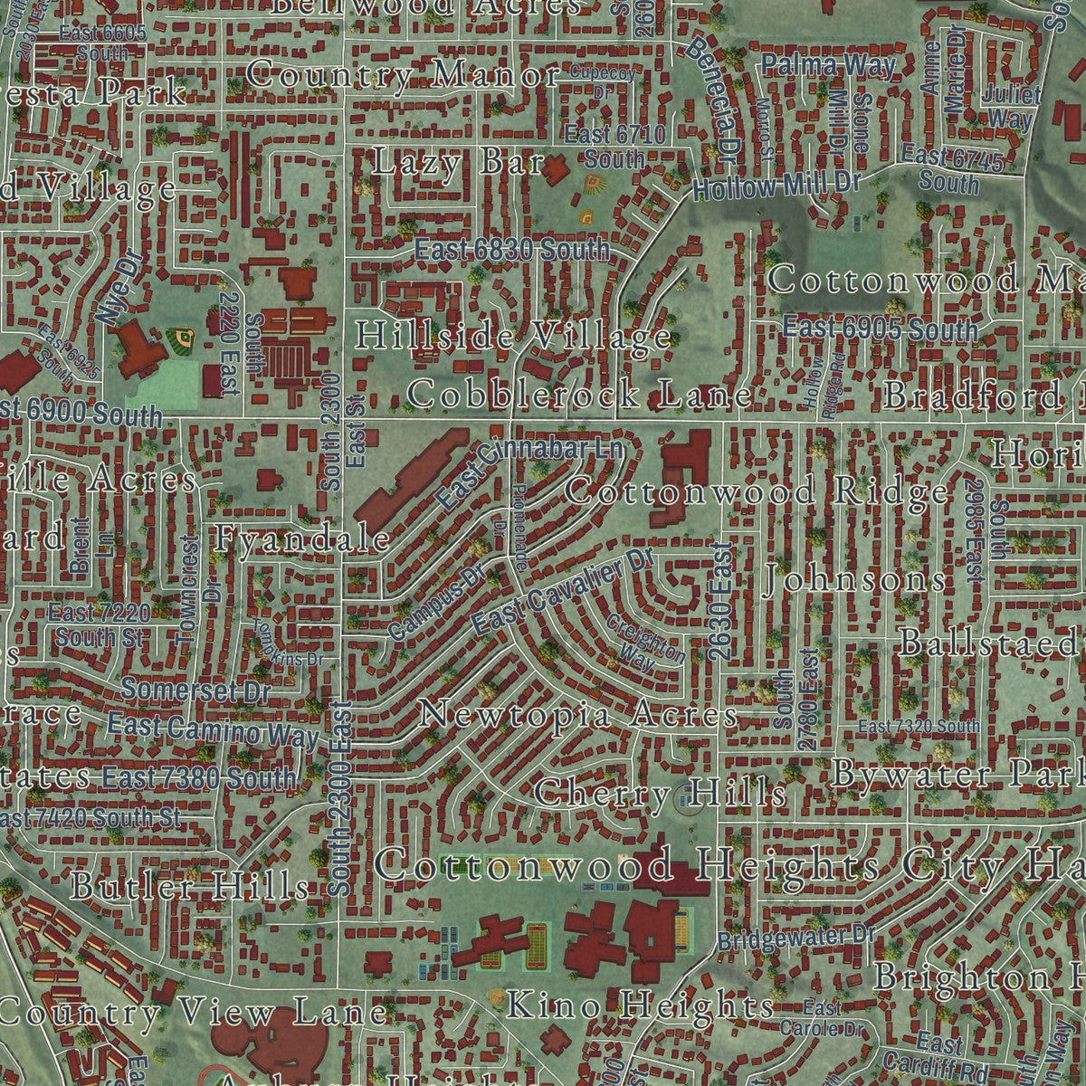 Close-up of the map of Cottonwood Heights, Utah print showing street and building detail