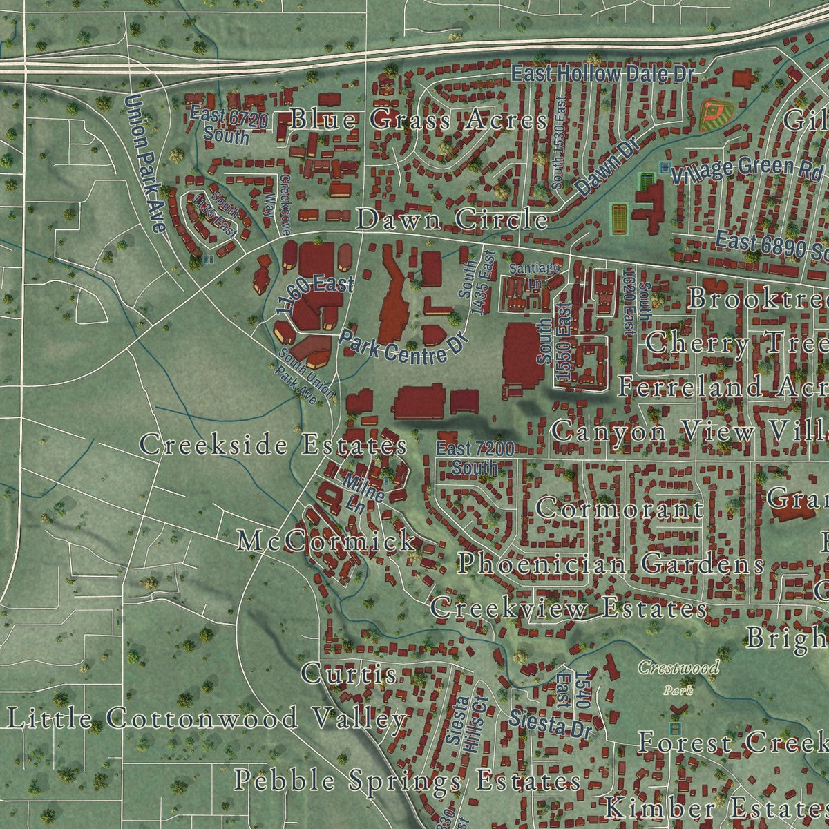 Second close-up of the map of Cottonwood Heights, Utah print showing more streets and buildings